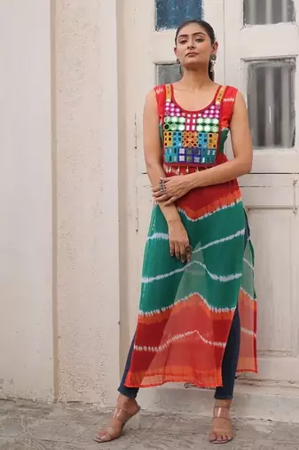 Bandhej printed georgette with kutchi gamthi mirror & codi lace work