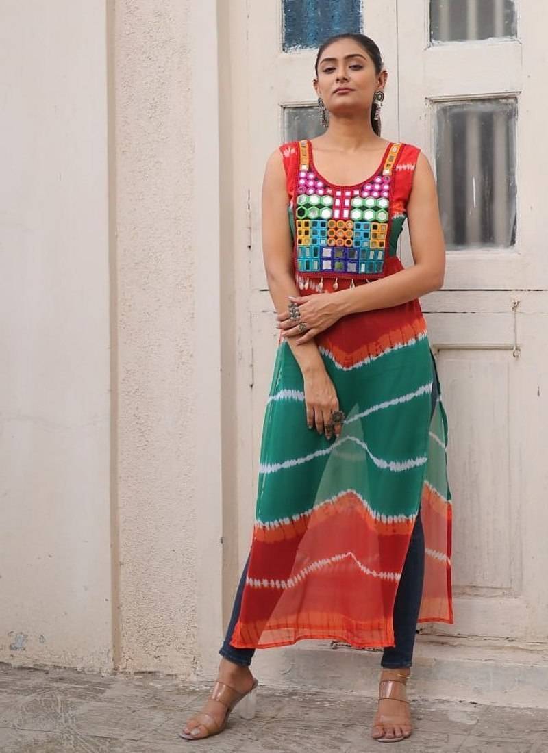 Bandhej printed georgette with kutchi gamthi mirror & codi lace work
