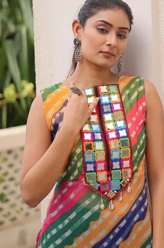 Bandhej printed georgette with kutchi gamthi mirror & codi lace work