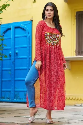 Bandhej print work with kutchi patch-work in faux georgette