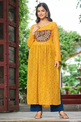 Bandhej print work with kutchi patch-work in faux georgette