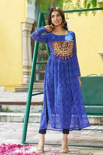 Bandhej print work with kutchi patch-work in faux georgette