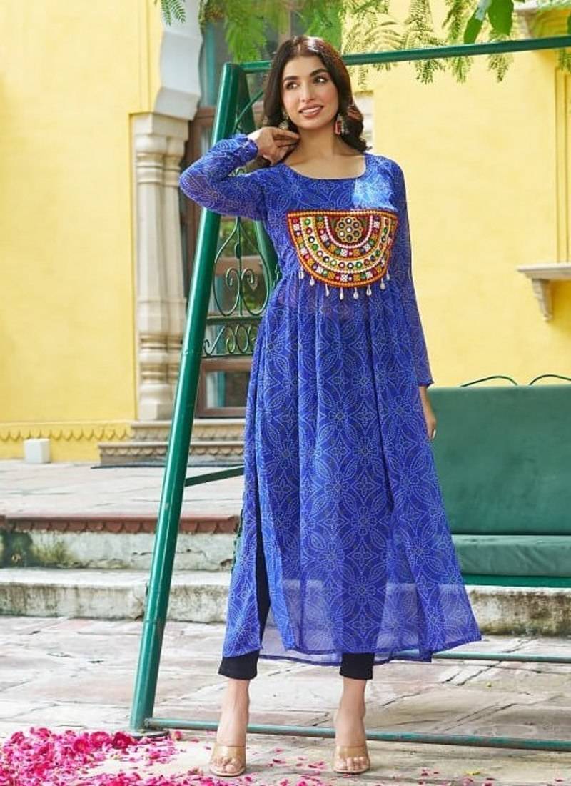 Bandhej print work with kutchi patch-work in faux georgette