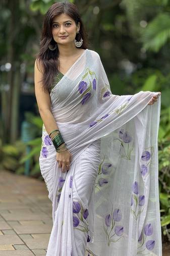 White Mul Cotton Hand-Painted Tulip Saree
