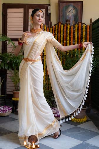 Beige Mul Cotton Saree with Gold Zari Border