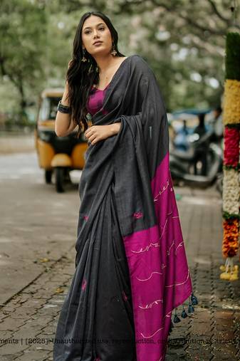 Grey Mul Cotton Kardana hand embroidered saree