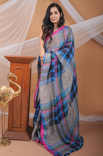Blue Handwoven Linen Jamdani Saree