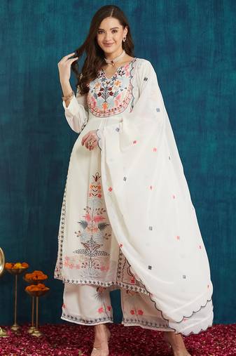 Off-white embroidered georgette resham embroidery kurta-sets