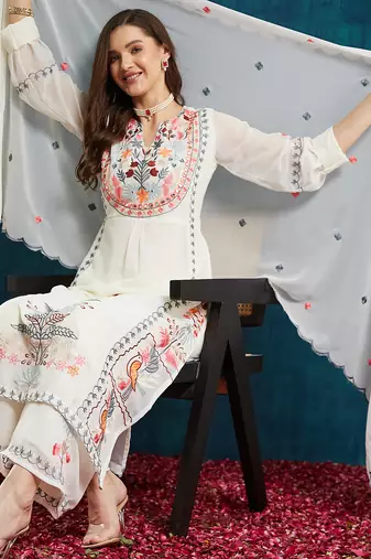 Off-white embroidered georgette resham embroidery kurta-sets