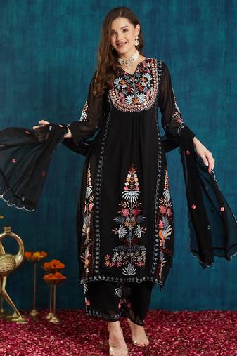 Black embroidered georgette resham embroidery kurta-sets