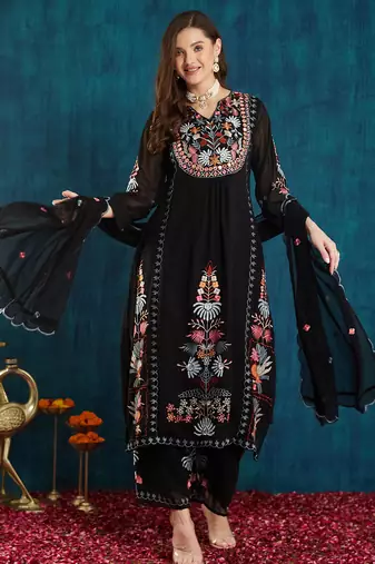 Black embroidered georgette resham embroidery kurta-sets
