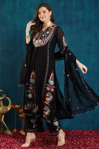 Black embroidered georgette resham embroidery kurta-sets