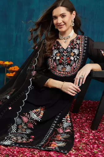 Black embroidered georgette resham embroidery kurta-sets