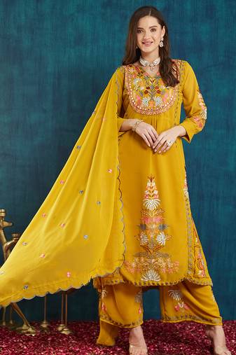 Mustard embroidered georgette resham embroidery kurta-sets