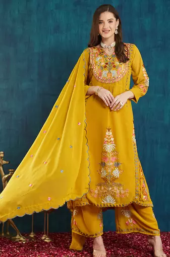 Mustard embroidered georgette resham embroidery kurta-sets