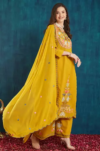 Mustard embroidered georgette resham embroidery kurta-sets