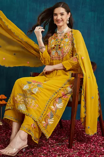 Mustard embroidered georgette resham embroidery kurta-sets