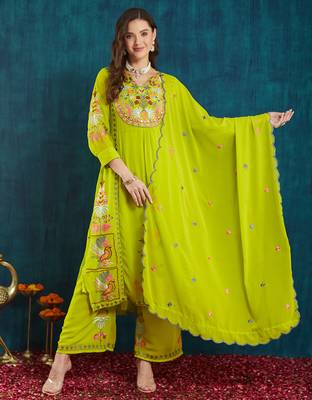 Light-green embroidered georgette resham embroidery kurta-sets 1