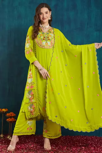 Light-green embroidered georgette resham embroidery kurta-sets