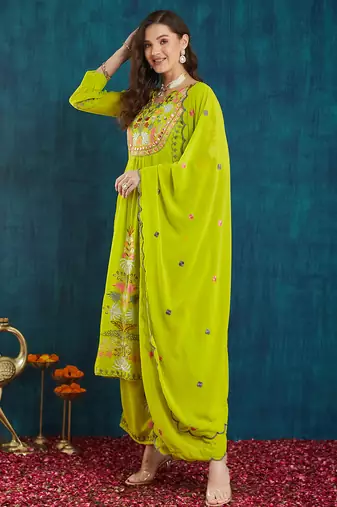 Light-green embroidered georgette resham embroidery kurta-sets