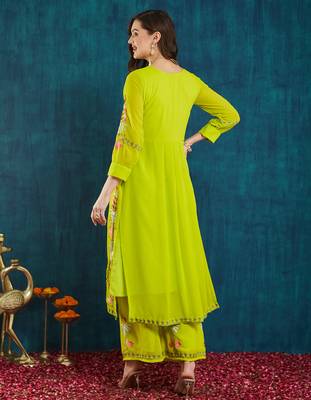 Light-green embroidered georgette resham embroidery kurta-sets 3