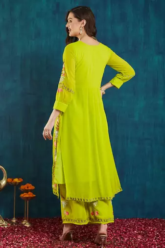 Light-green embroidered georgette resham embroidery kurta-sets