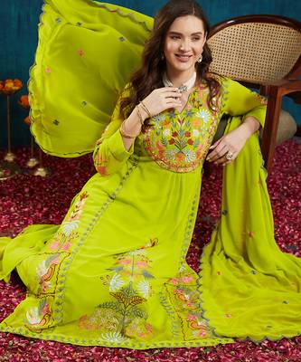 Light-green embroidered georgette resham embroidery kurta-sets 4