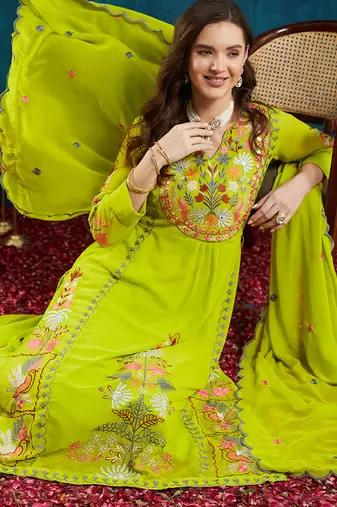 Light-green embroidered georgette resham embroidery kurta-sets