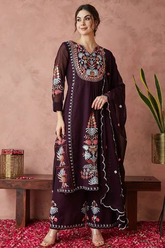 Light-wine embroidered georgette resham embroidery kurta-sets