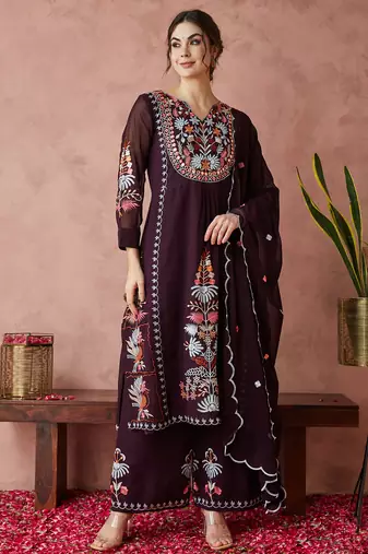 Light-wine embroidered georgette resham embroidery kurta-sets