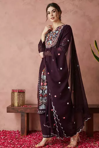 Light-wine embroidered georgette resham embroidery kurta-sets