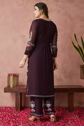 Light-wine embroidered georgette resham embroidery kurta-sets
