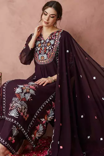 Light-wine embroidered georgette resham embroidery kurta-sets
