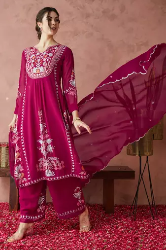 Pink embroidered georgette resham embroidery kurta-sets