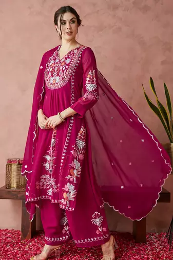 Pink embroidered georgette resham embroidery kurta-sets