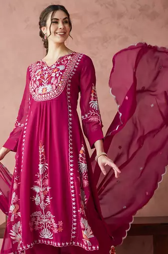 Pink embroidered georgette resham embroidery kurta-sets