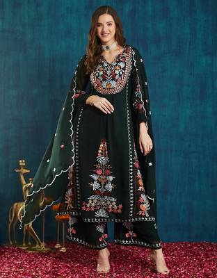 Dark-green embroidered georgette resham embroidery kurta-sets 1