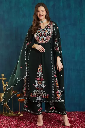 Dark-green embroidered georgette resham embroidery kurta-sets