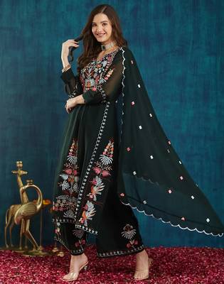 Dark-green embroidered georgette resham embroidery kurta-sets 2