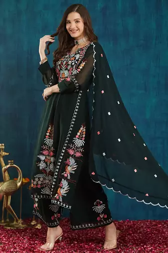 Dark-green embroidered georgette resham embroidery kurta-sets