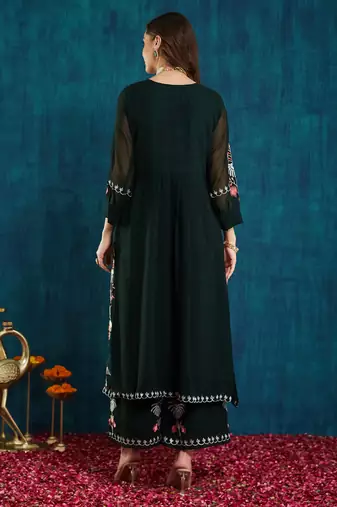 Dark-green embroidered georgette resham embroidery kurta-sets