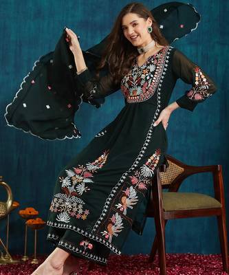 Dark-green embroidered georgette resham embroidery kurta-sets 4