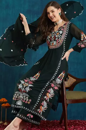 Dark-green embroidered georgette resham embroidery kurta-sets