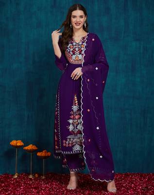 Purple embroidered georgette resham embroidery kurta-sets 1