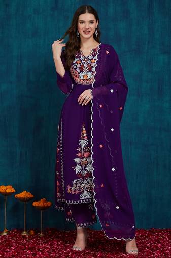 Purple embroidered georgette resham embroidery kurta-sets