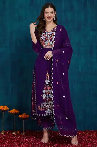 Purple embroidered georgette resham embroidery kurta-sets