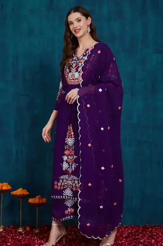 Purple embroidered georgette resham embroidery kurta-sets