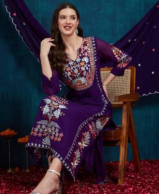 Purple embroidered georgette resham embroidery kurta-sets 4