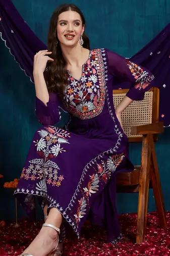 Purple embroidered georgette resham embroidery kurta-sets
