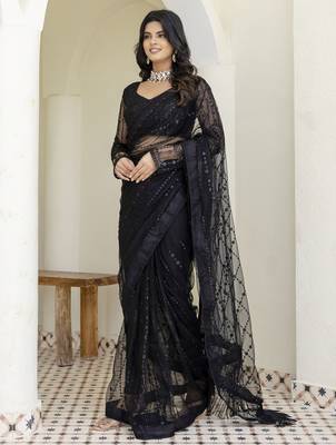 Beautifully black sequins and thread embroidered with stone work Soft Mono Net fabric designer saree 6